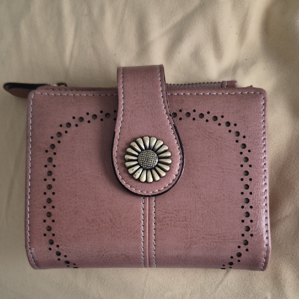 Compact dusty rose Trifold Vegan Leather Floral Wallet